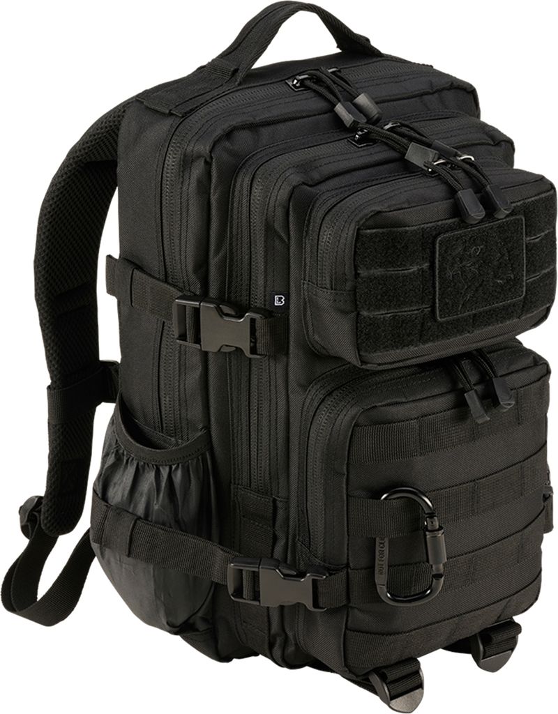 A black backpack is shown against a white background.