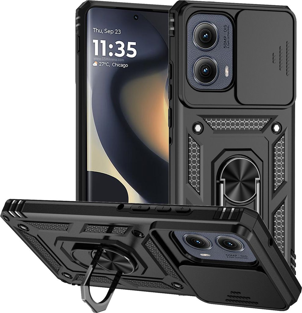 Hülle für Motorola Edge (2024) mit Schiebe Kamera Schutz und Ringhalter Ständer Hybrid Schutzhülle Schwarz