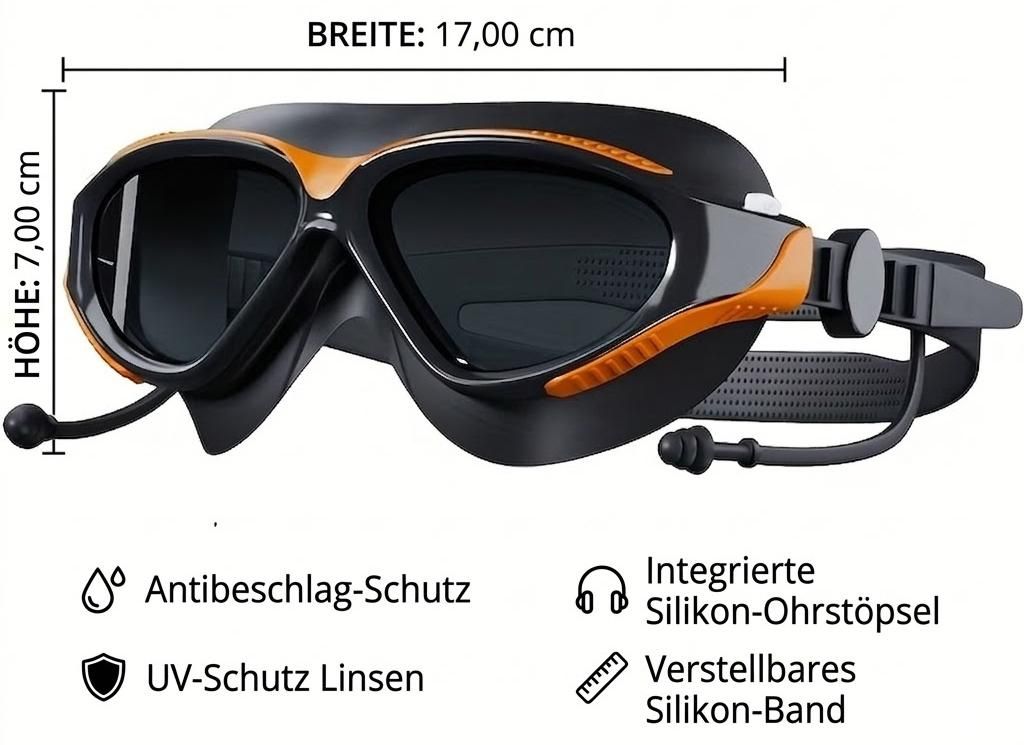 Profi Schwimmbrille Anti-Beschlag Weitwinkel Orange-Schwarz Produktbild 
