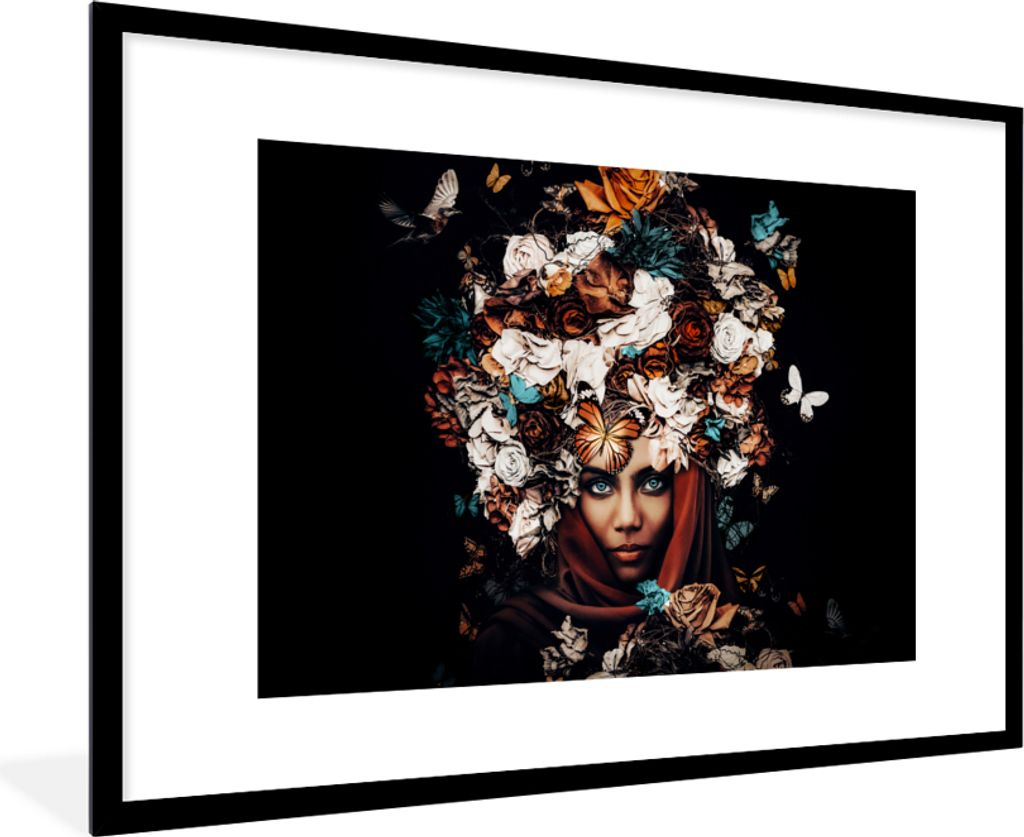 MuchoWow Gerahmtes Poster Blumen - Schmetterling - Frauen - Kopftuch 90x60 cm - Poster mit Schwarzem Bilderrahmen Wandposter Rahmen Foto Bilder -...