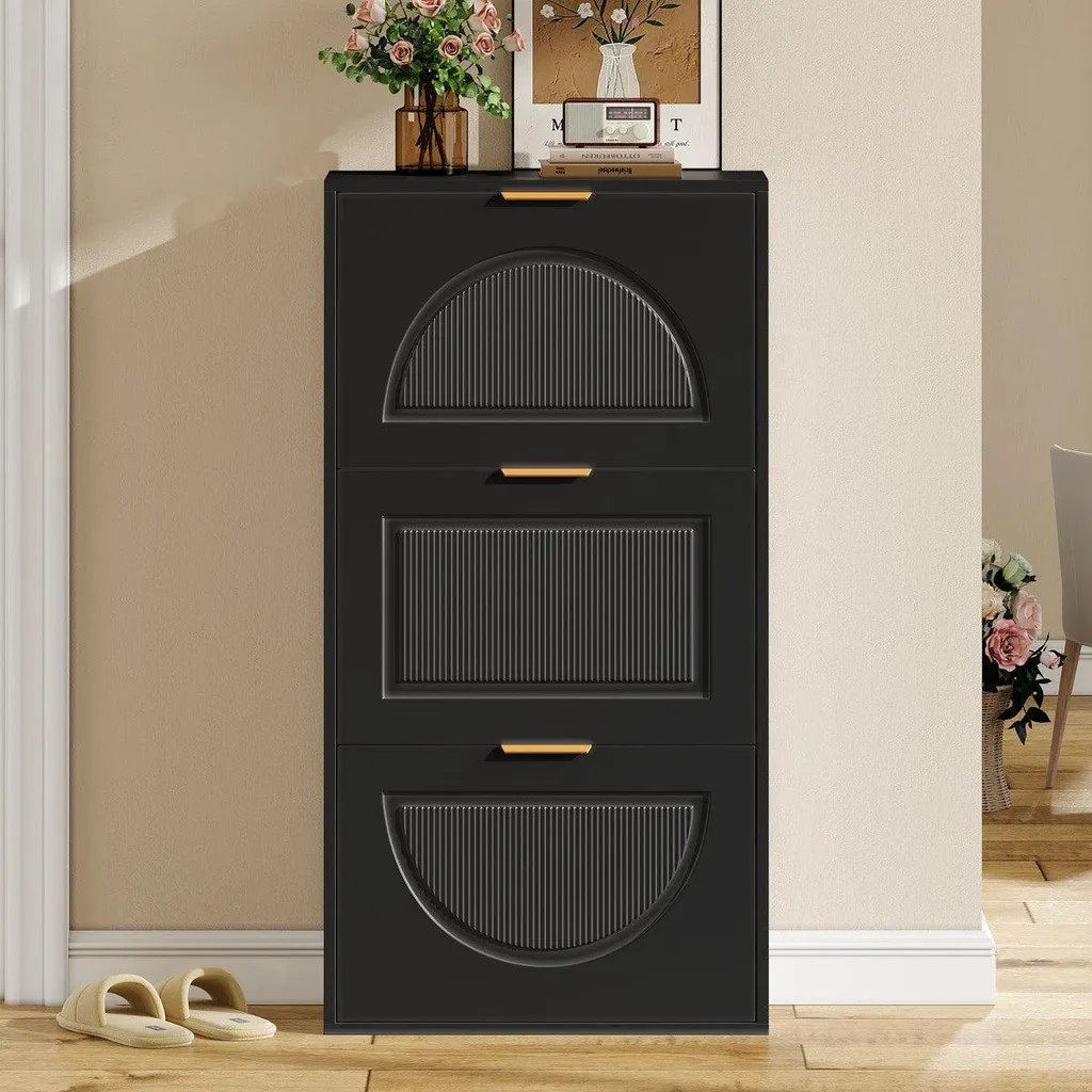 Commode à chaussures noire de 60 cm compacte avec 3 abattants