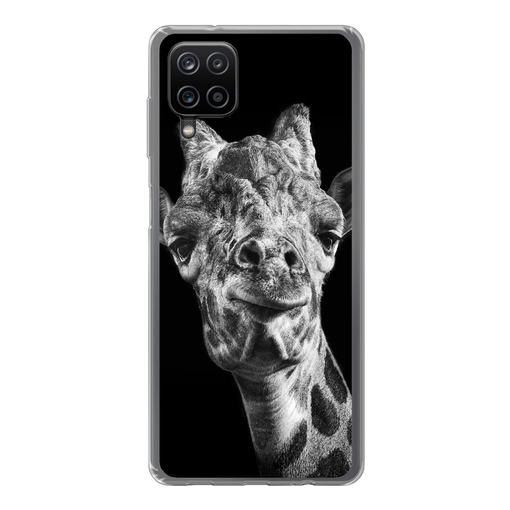 MuchoWow Handyhülle Schutzhülle Hülle für Samsung Galaxy A12 Giraffe vor schwarzem Hintergrund in schwarz und weiß Silikon Softcase Handy H...