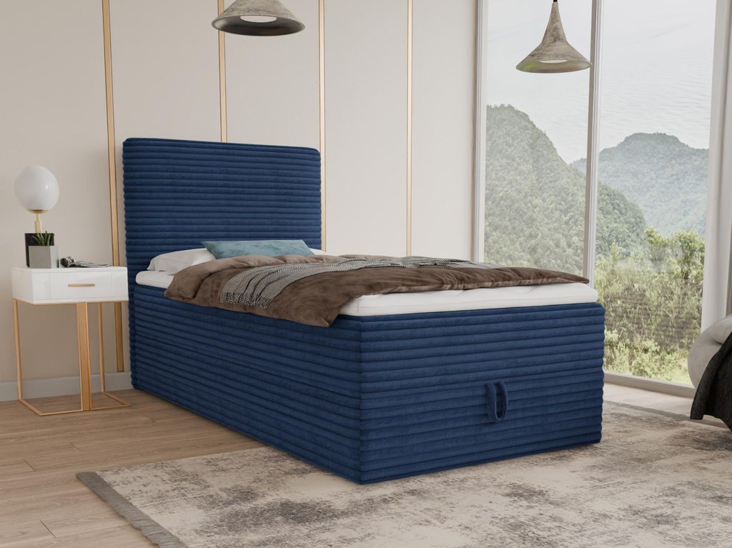 Boxspringbett Mollo Mini mit Bettkasten und Matratzentopper - Einzelbett mit Bonell-Matratze und Topper, Polsterbett in weichem Cordstoff, Bett, Sc...