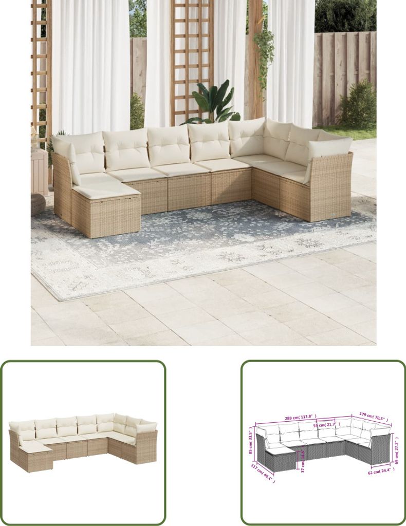The Living Store 8-tlg. Garten-Sofagarnitur mit Kissen Beige Poly Rattan