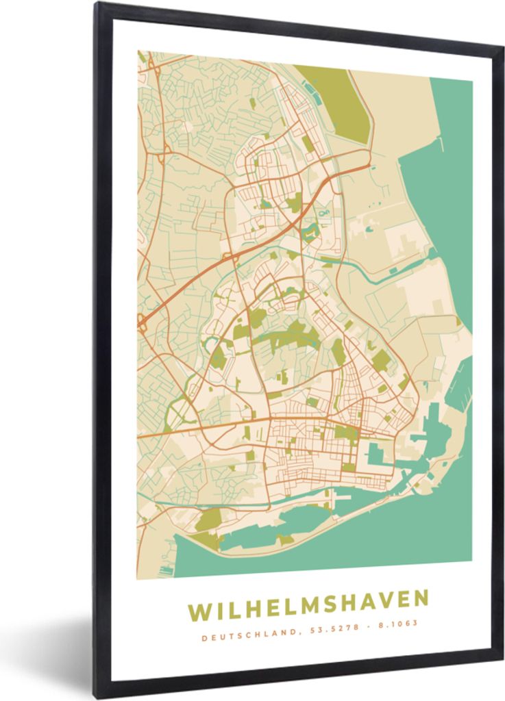 MuchoWow Gerahmtes Poster Wilhelmshaven - Vintage - Karte - Stadtplan 60x90 cm - Poster mit Schwarzem Bilderrahmen Wandposter Rahmen Foto Bilder ...