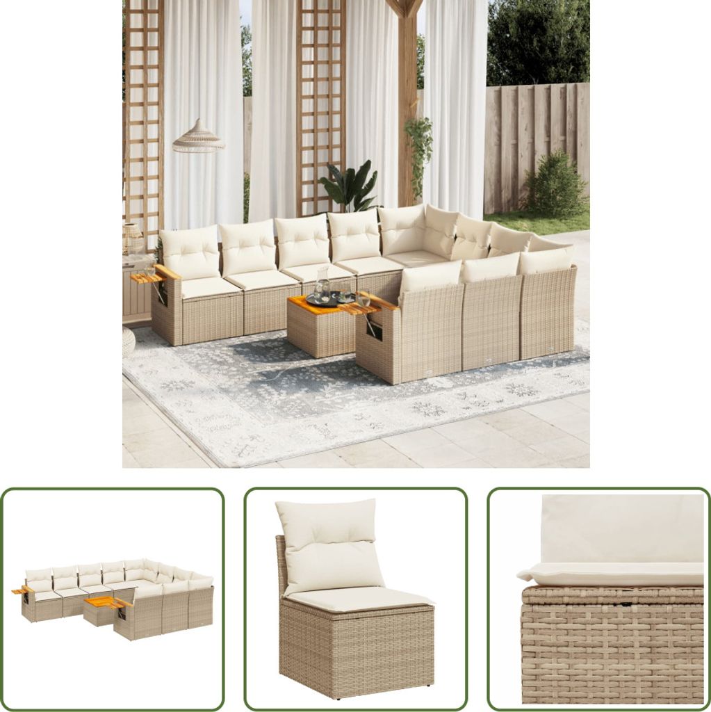 The Living Store 11-tlg. Garten-Sofagarnitur mit Kissen Beige Poly Rattan