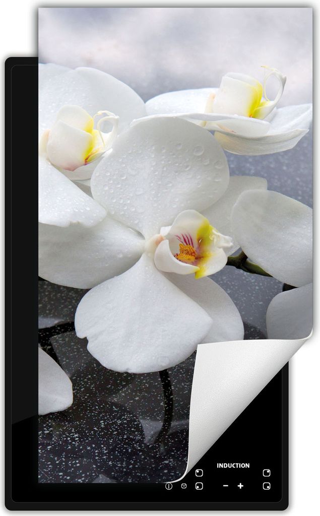 DarHaus Herdabdeckplatte 1 teilig 30x52 cm Anti Rutsch Matte Aufrollbar, weiß - Lilien