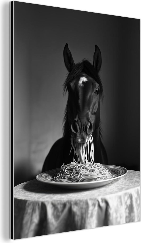 MuchoWow Wanddekoration Metall Metallbild Wandkunst 90x120 cm Pferd - Teller - Pasta - Tischtuch - Schwarz und weiß - Tiere MuchoWow Aluminium Gem...
