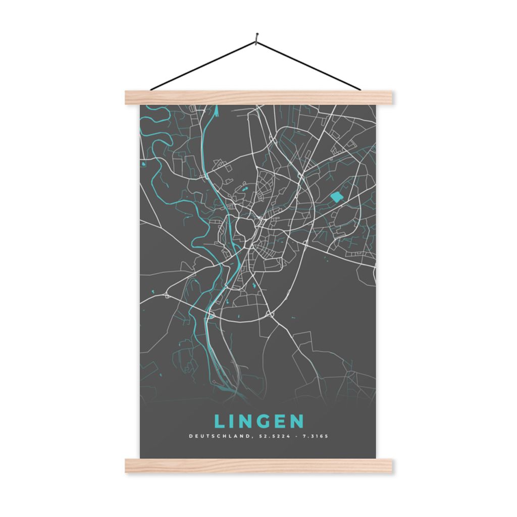 MuchoWow Textilposter Stadtplan - Karte - Lingen - Blau - Deutschland - Karte 60x90 cm mit holzfarbenen Rahmen - Textil
