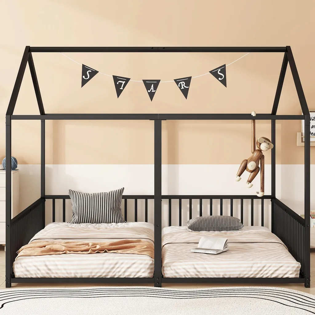 Lit métal enfant 90x200 cm noir fer avec garde-corps et échelle maison