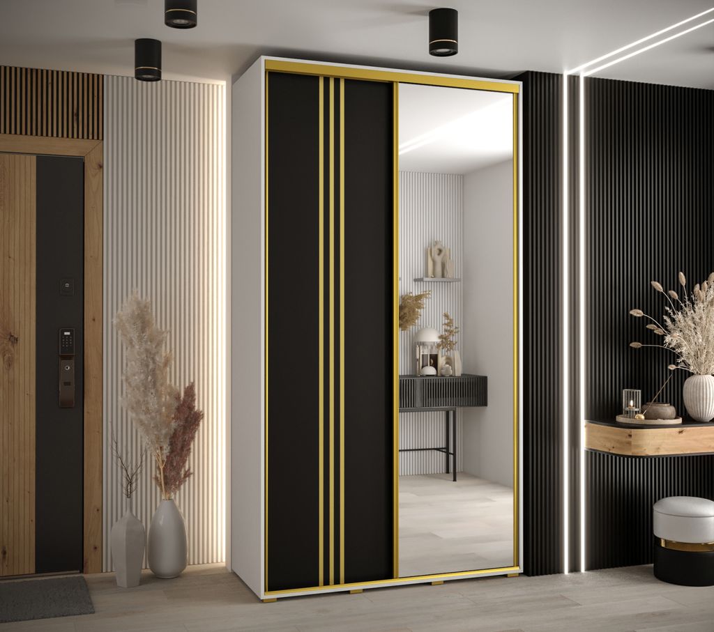 Kleiderschrank YVONA 7 – 130/45 cm, weiß/schwarz/gold