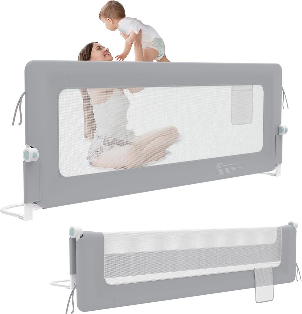 Sessamen-LP Rausfallschutz Bett 200 cm Bettgitter Bettschutzgitter Kinderbettgitter Zusammenklappbar um 180 Grad Babybett Umrandungen (Grau)