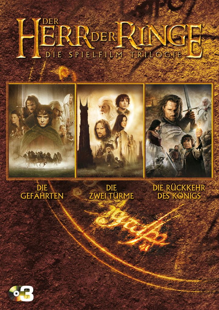 A collage of three movie posters for The Lord of the Rings trilogy, with the trilogy title and individual movie titles displayed.