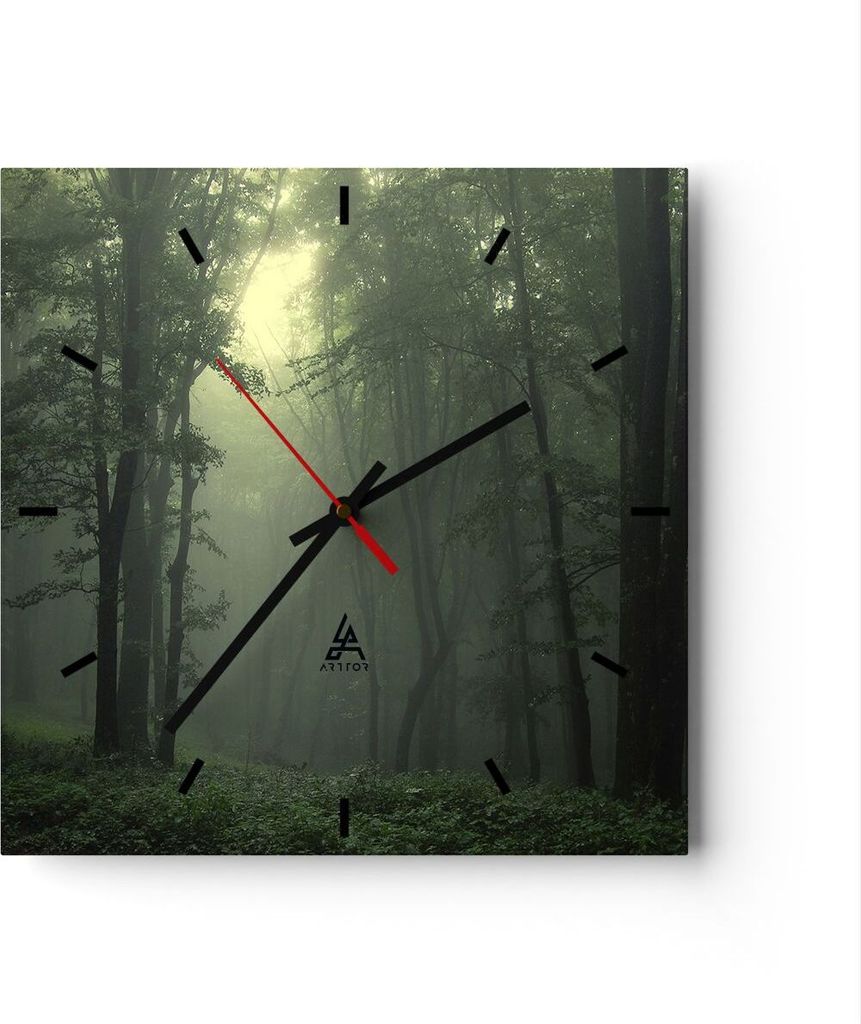 Wanduhr - Quadrat - Glasuhr - Wald Nebel Baum - 30x30cm - Schleichendes Uhrwerk - Lautlos - zum Aufhängen bereit - Dekoration Modern - Wanddekorat...