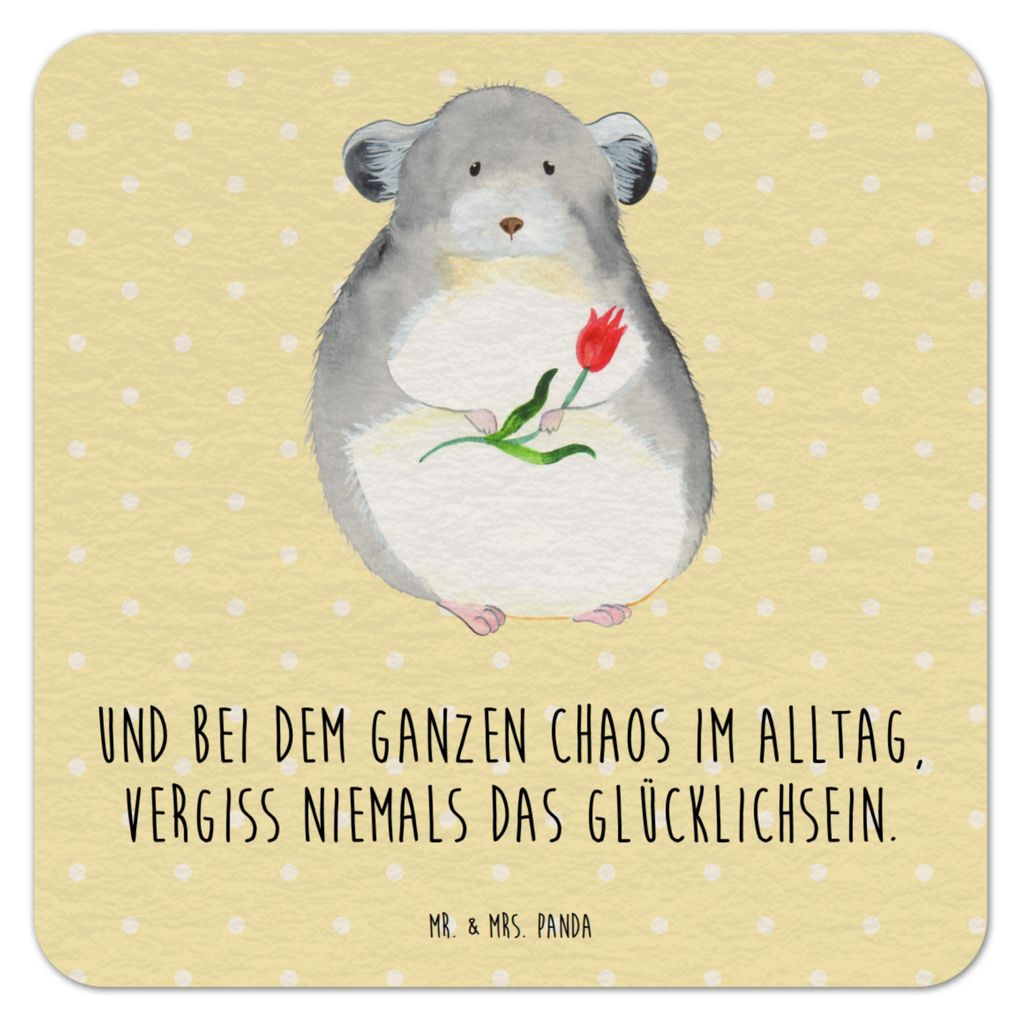 Mr. & Mrs. Panda Tischuntersetzer Chinchilla Blume 25er Set - Gelb Pastell - Geschenk, gläseruntersetzer, Lustige Sprüche, Büro, Chaos, bierunte...