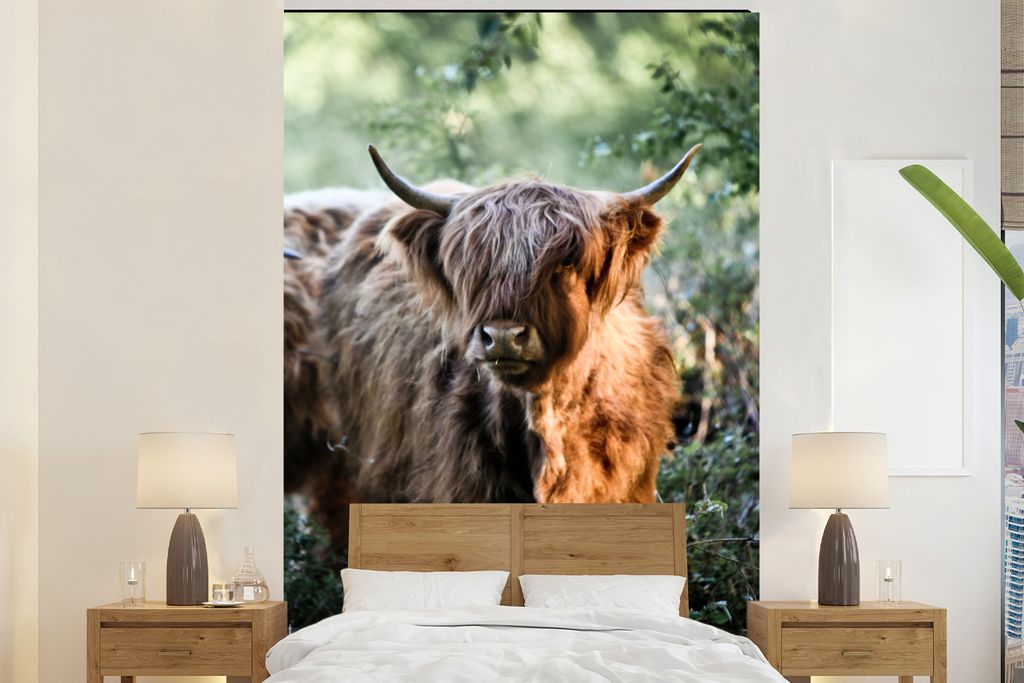 MuchoWow Fototapete für Wohnzimmer oder Schlafzimmer Wandtapete Vinyl Motivtapete Schottische Highlander - Wald - Tiere - 145x220 cm - Wanddekor...