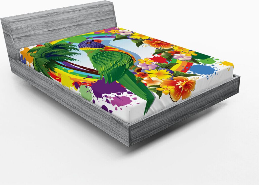 ABAKUHAUS Papagei Spannbetttuch, Papagei Lorikeet Im Rainbow Circle Mit Palmen Tropischen Pflanzen Blumen Kunstdruck, 150 x 190 cm, Mehrfarbig