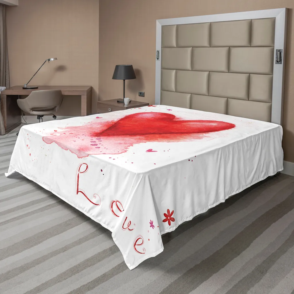 Drap plat ABAKUHAUS 260x228 cm, motif cœurs aquarelle rouge et blanc