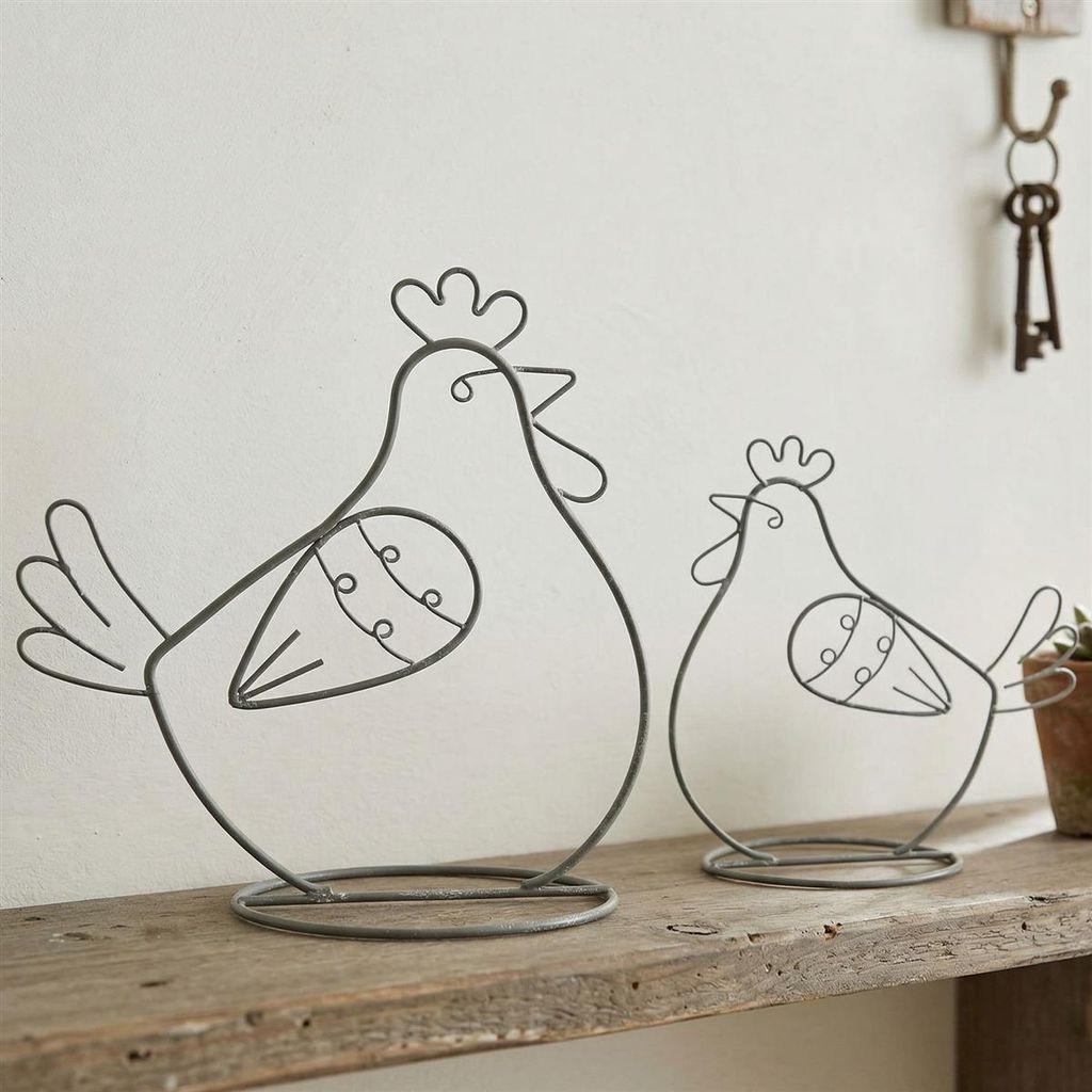 2x Dekofigur "Huhn" aus Metall, grau, 14 + 18 cm hoch, Osterdeko, Tischdeko, Dekohuhn