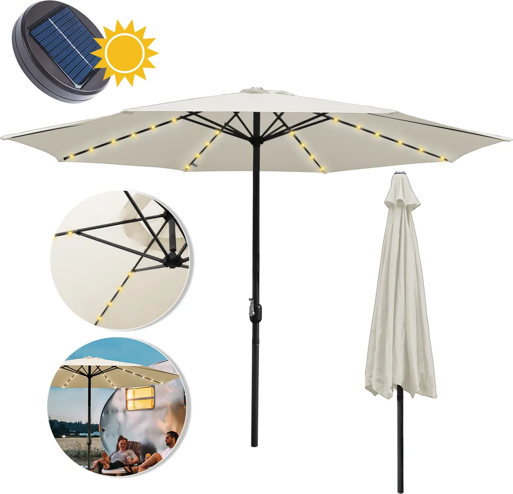 TolleTour Ombrellone rotondo, manovella pieghevole, ferro, ombrellone da balcone, ombrellone da mercato, LED, 350 cm, beige