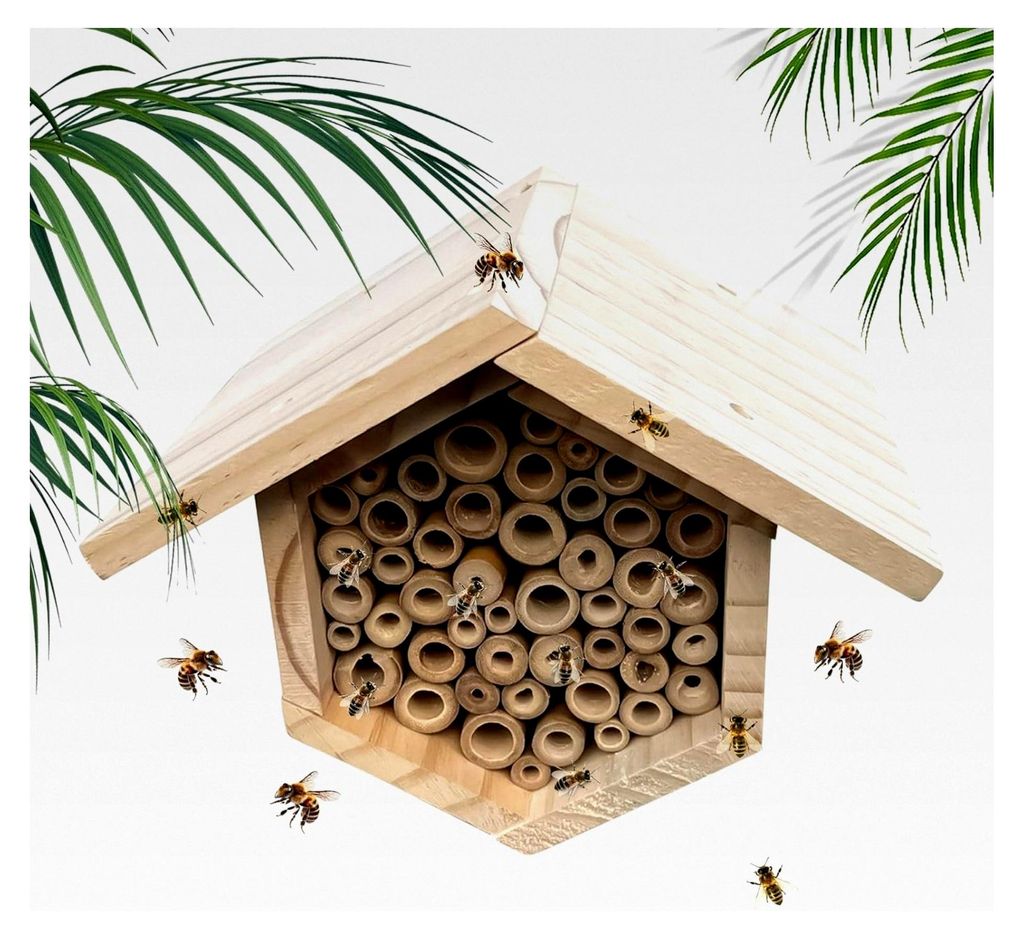 Sechseckiges Bienenhaus aus Holz mit Bienenstockröhren, handgefertigter natürlicher Bienenstock mit schützendem Design, umweltfreundlicher Leben...