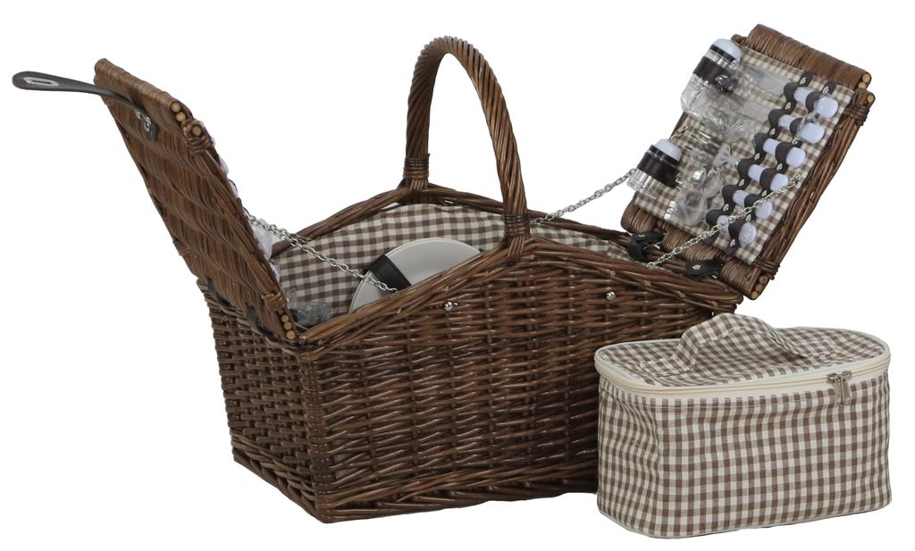 braun-weiß Picknickkorb-Set für 4 Personen Porzellan Glas Edelstahl 