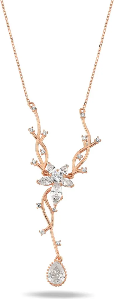 Collier Argent Rose Motif Lierre avec Pierre Zircone Goutte éclatante