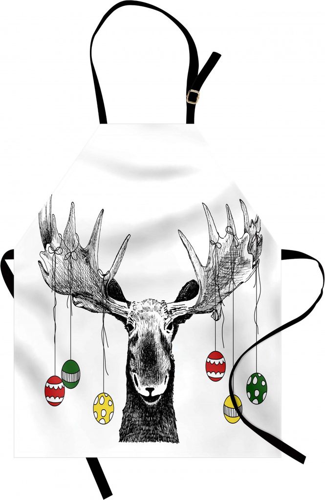ABAKUHAUS, Weihnachten Kochschürze, Höhenverstellbar Waschbar Kein verblassen Klare Farben, REH Illustration mit Christbaumkugeln über den hörn...