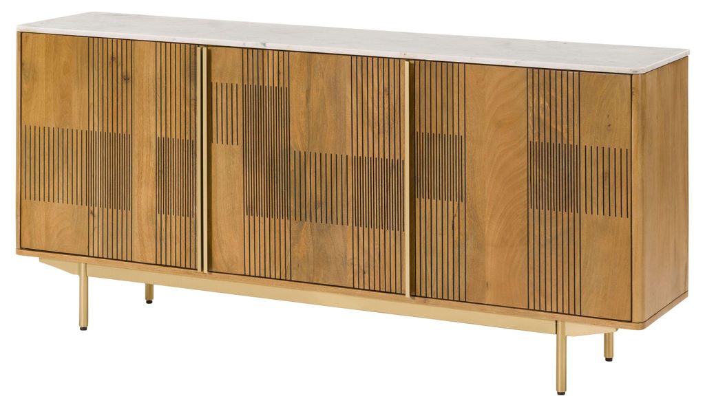 MASSIVMOEBEL24 Sideboard Mango 180x40x80 hellbraun geölt / Marmor weiß MIAMI #100