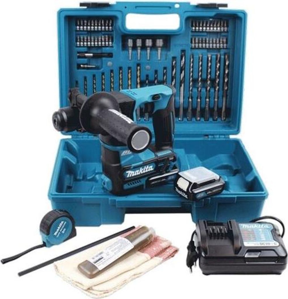 A cordless rotary hammer drill kit with accessories, laid out in its case.