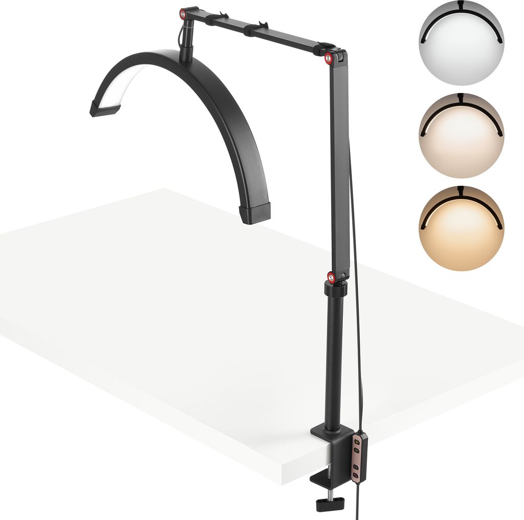 A black adjustable LED lamp with a curved light bar is clamped to a white desk. Three circular swatches showing different light colors are displayed to the right of the lamp.