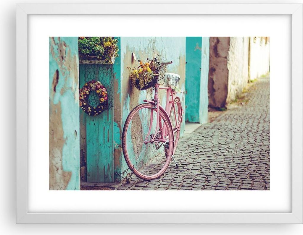 Gerahmtes Poster - Weißer Rahmen - Rosa Fahrrad Vintage - 40x30 cm - Wand Bild - Wanddeko - Wandbilder - Kunstposter - Wandposter - Bilderrahmen -...