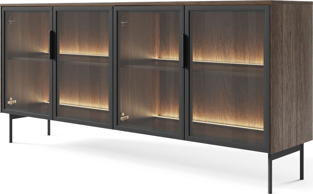 A modern sideboard with glass doors and LED lighting.