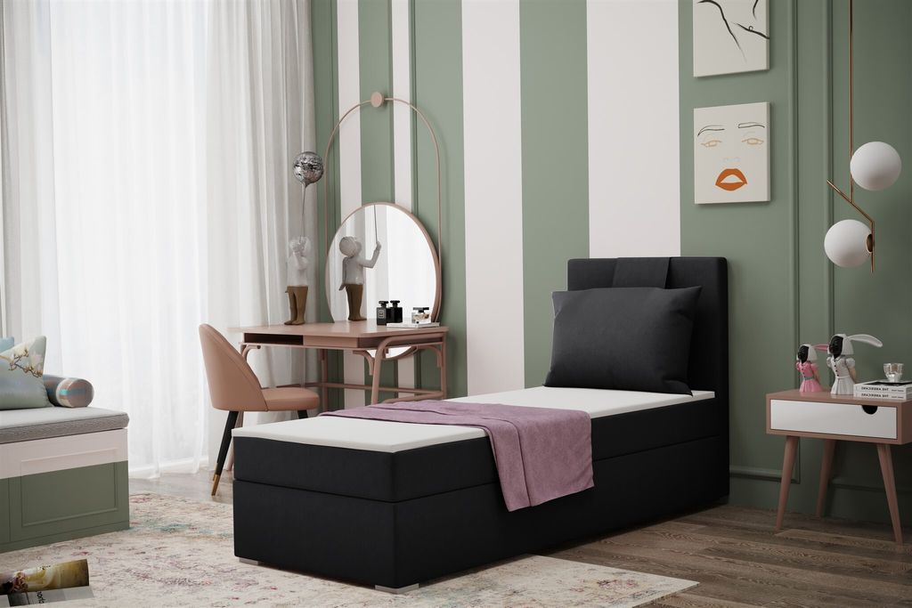 Boxspringbett Schlafzimmerbett SALMA 90x200cm in Stoff Soro Schwarz