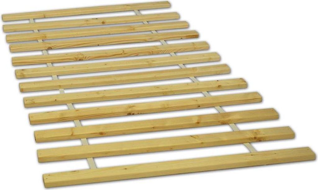 A slatted bed base, often called a slatted frame or bed frame, composed of parallel wooden slats supported by a metal frame. The image is taken from a slightly elevated angle.