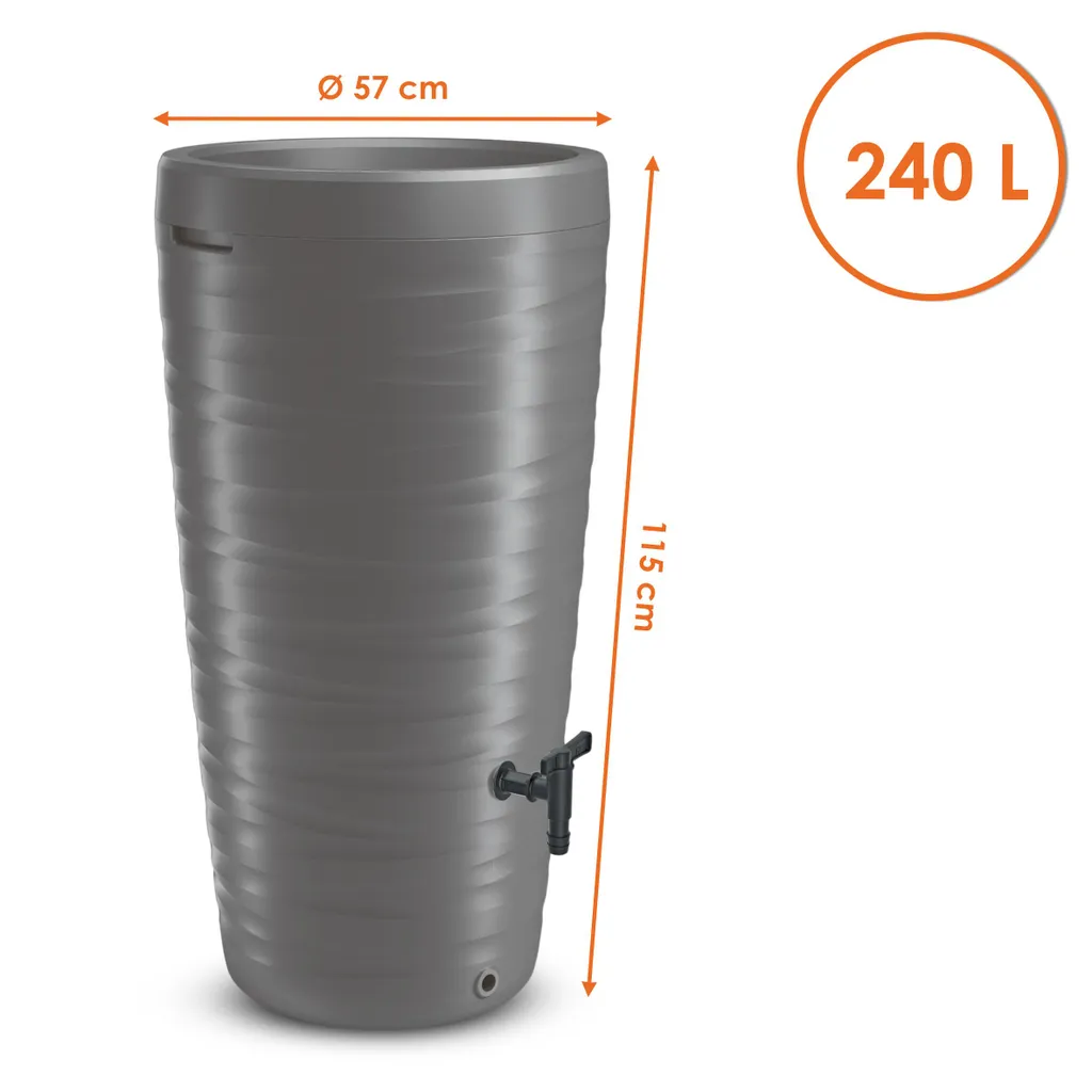 Tonneau de pluie 240 L gris avec robinet et bac à fleurs intégré