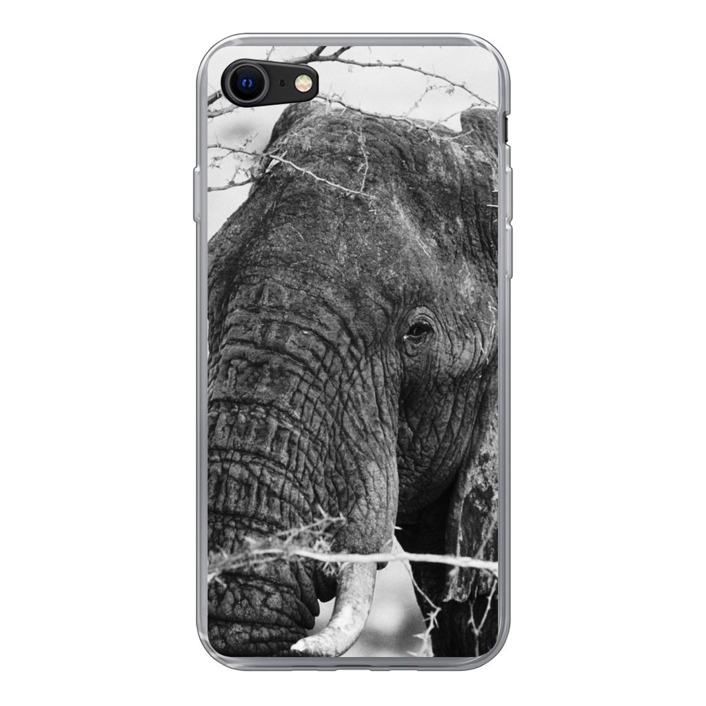 MuchoWow Handyhülle Schutzhülle Hülle für iPhone SE 2022 Elefant - Tiere - Äste - Natur - Schwarz und weiß Silikon Softcase Handy Hülle - ...