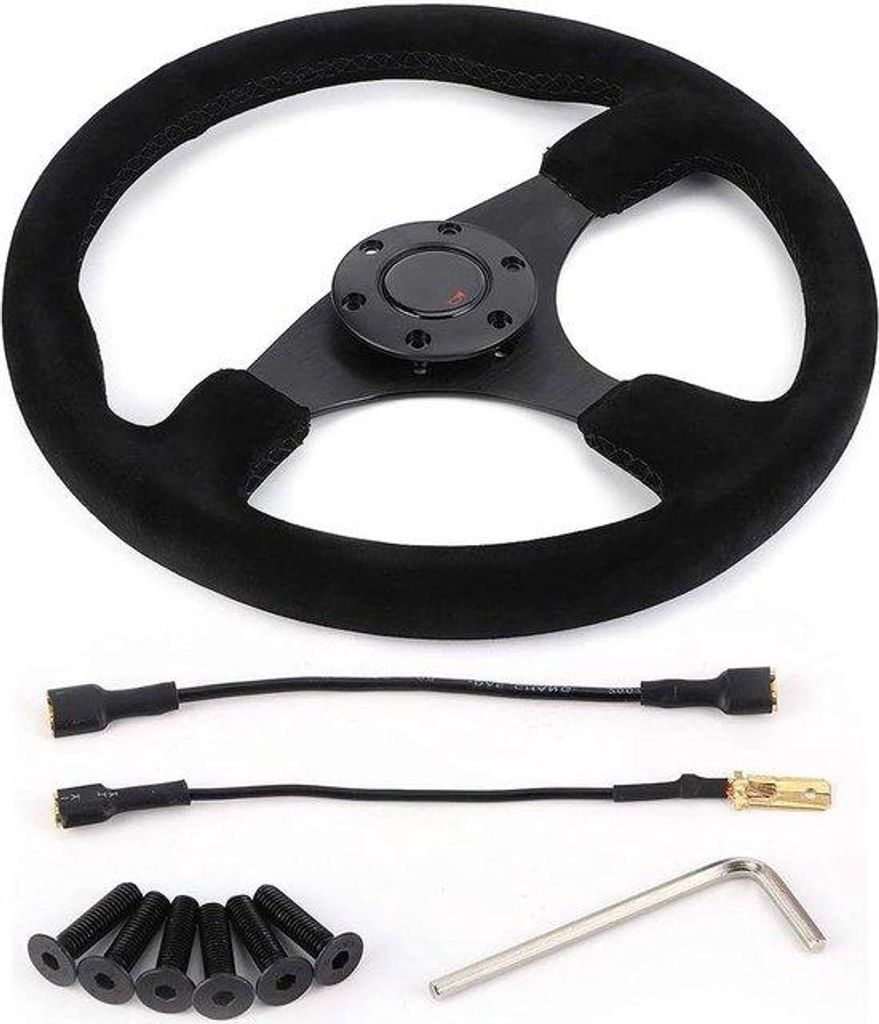 Rennlenkrad 350 mm schwarz Leder schwarz besetzt mit Sirene.