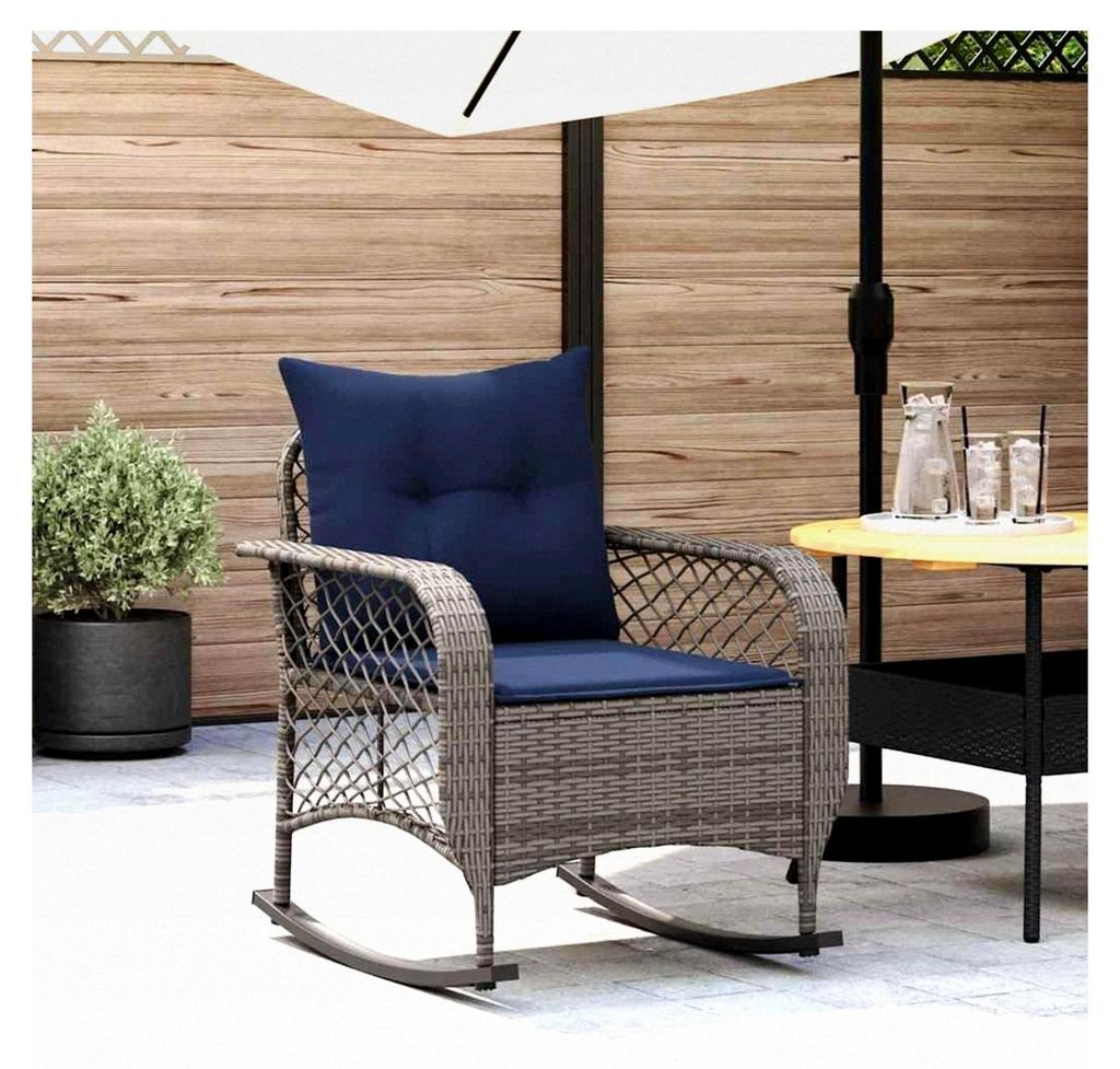 Garten-Schaukelstuhl mit Kissen in Grau aus Poly Rattan