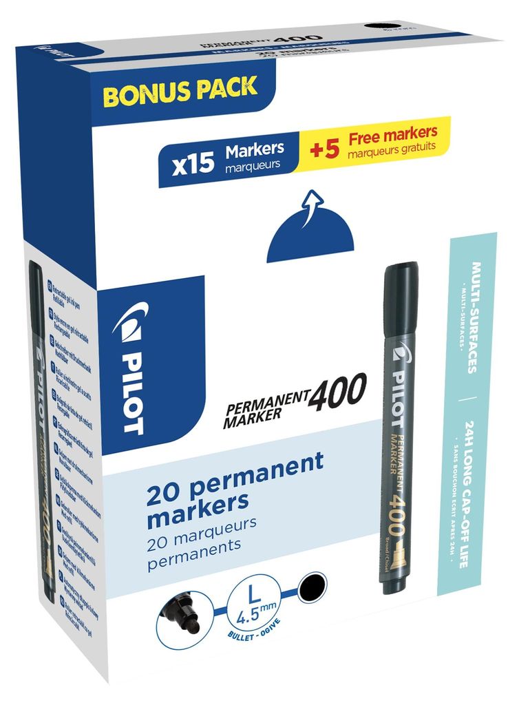 15 + 5 GRATIS: PILOT 400 Permanentmarker schwarz 1,0 - 4,0 mm, 15 St. + GRATIS 5 St.