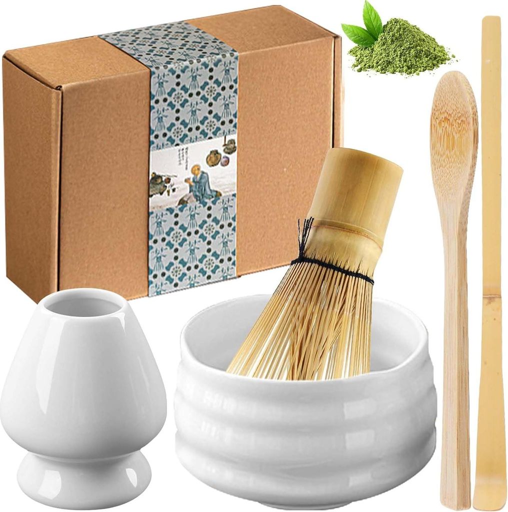 Matcha-Teeset - Matcha-Besen und Schale aus Keramik - Handgemachter Bambusbesen - Besenhalter - Matcha-Zubehör - Geschenkset (weiß)
