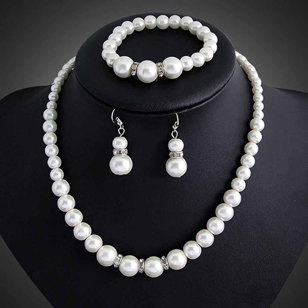 Damen Halskette, Armband, Ohrringe, Kunstperlen, Legierung, Hochzeit, Brautschmuck-Set