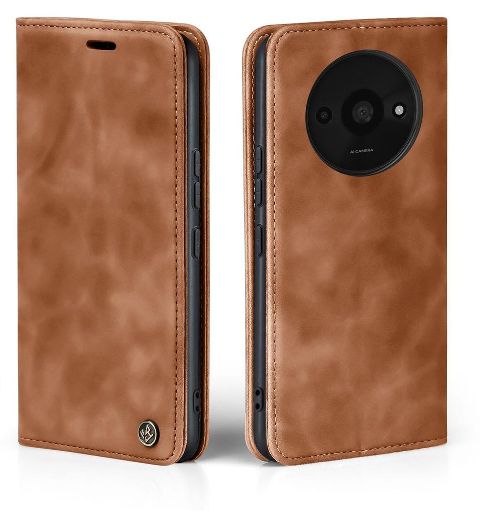 A brown leather flip case for a smartphone, shown from the front and back.