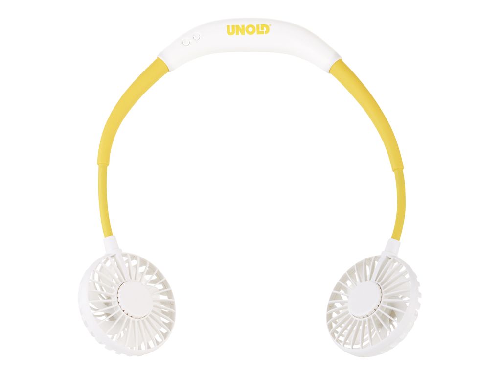 A white and yellow neck fan on a white background.