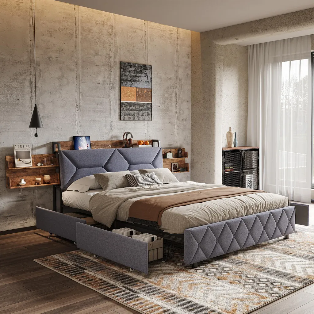Lit capitonné 140x200 Gris en velours avec tête de lit coulissante