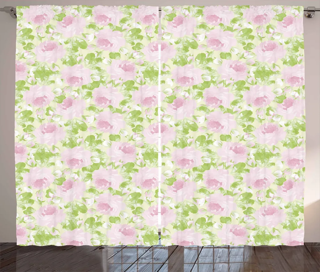 Rideau Shabby Chic pour Grande Fenêtre, Décoration de Salon Vert et Rose
