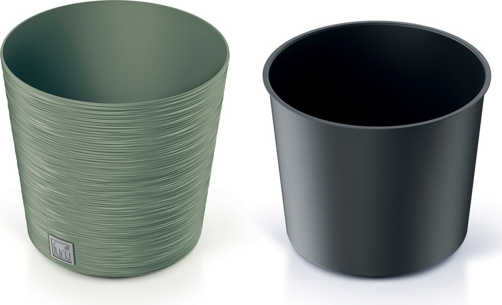 Two plant pots are shown side-by-side against a white background. The pot on the left is green with a textured surface and a small logo at the bottom. The pot on the right is black and appears to be an inner liner or a different style of pot.