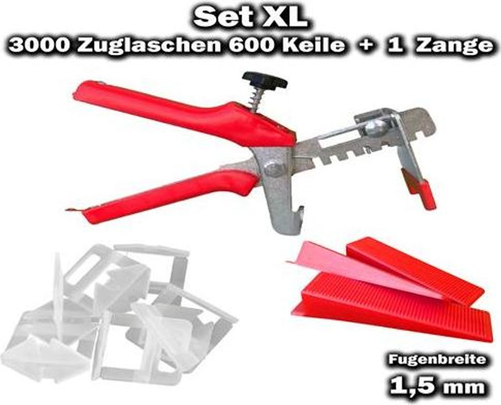 3000 Zuglaschen 1,5mm + 600 Keile + 1 Zange - KACHEL GOTT Fliesen Nivelliersystem