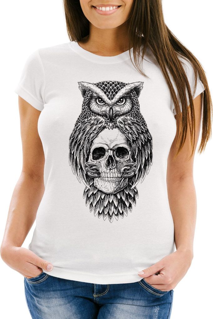 Damen T-Shirt Eule Totenkopf Owl Skull Schädel Slim Fit Neverless weiß M