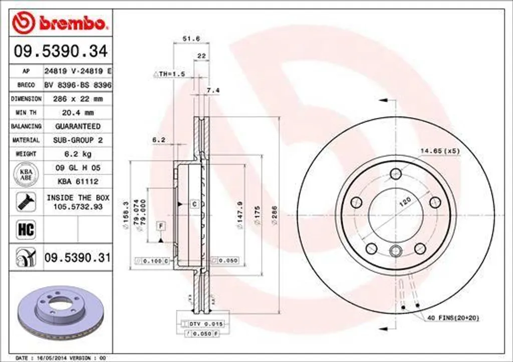 Brembo 09.5390.31 Disque de Frein Série 3 E36 E46 Z3 Z4 - OE 34111160674
